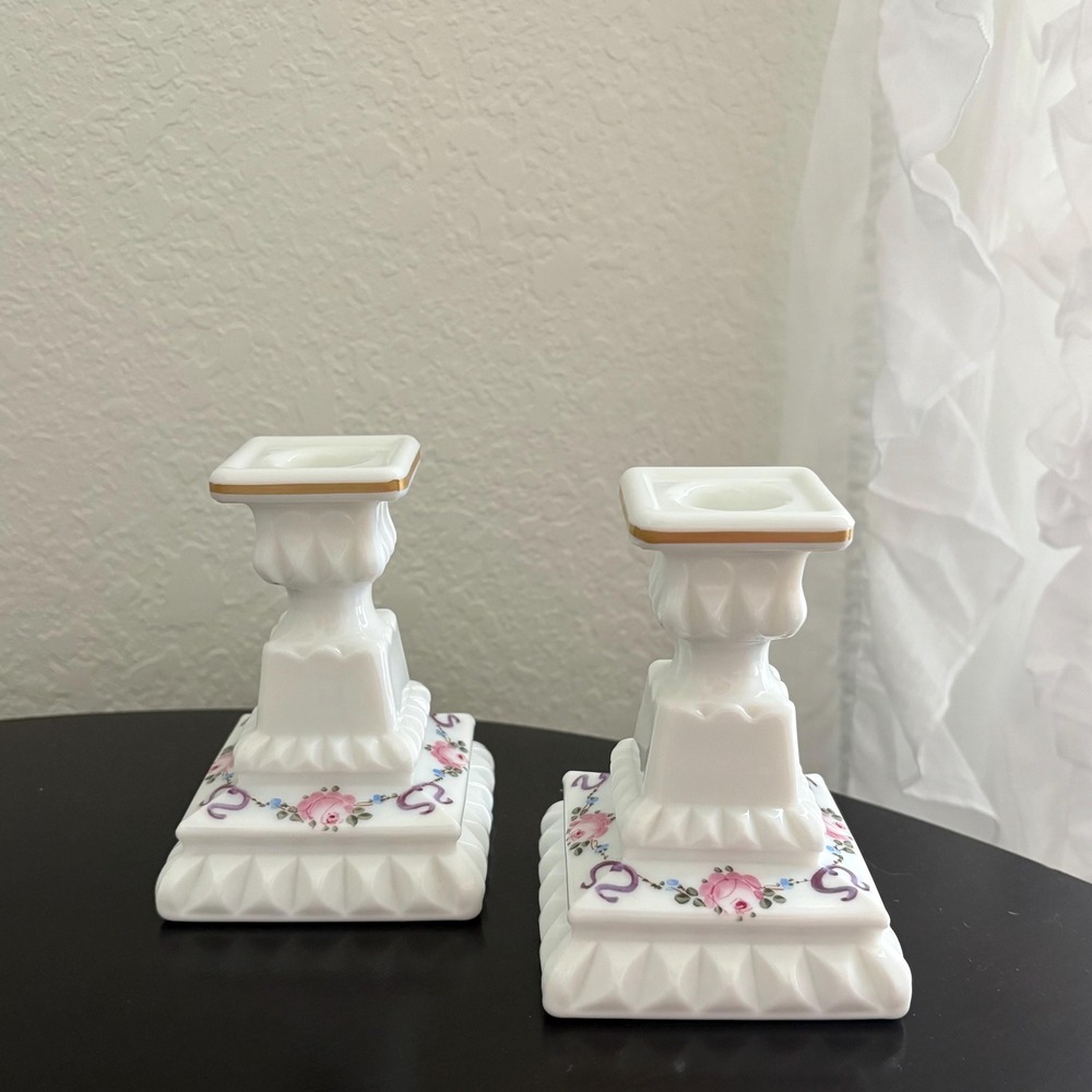 Vintage Westmoreland Milk Glass Candlestick Holders: Pair, Floral & Gold Trim
